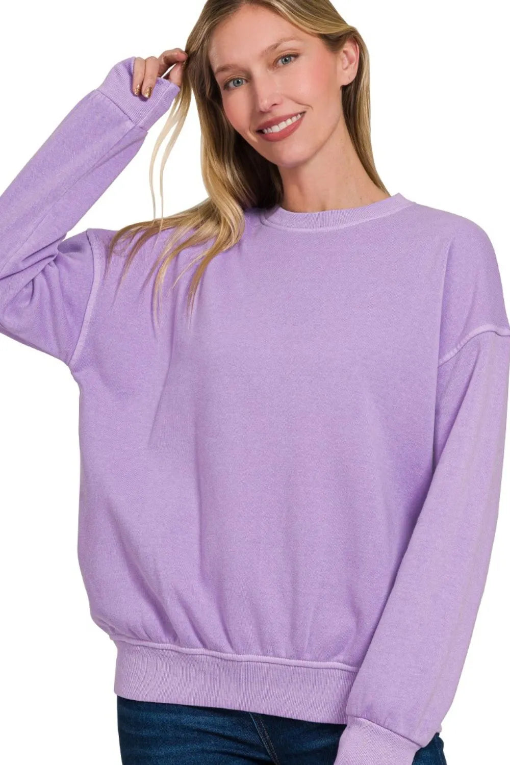 Zenana Soft Fleece Pigment Dye Round-neck Sweatshirts.