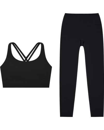 Golden Hour Set in black — the Golden Hour Bra and Golden Hour Leggings together, by Tuvi