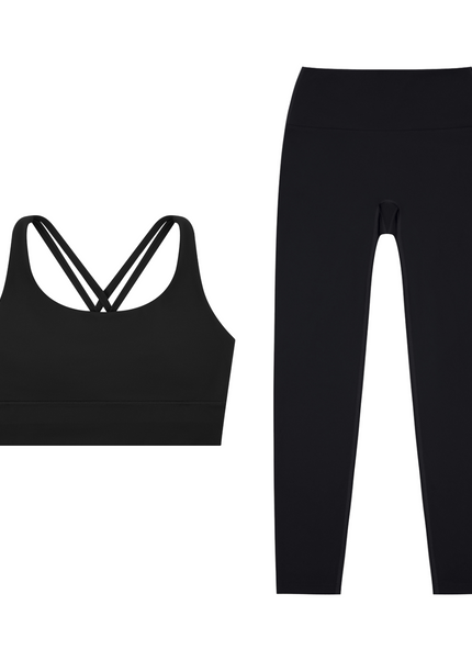 Golden Hour Set in black — the Golden Hour Bra and Golden Hour Leggings together, by Tuvi