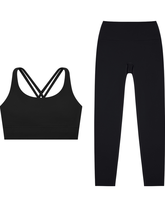 Golden Hour Set in black — the Golden Hour Bra and Golden Hour Leggings together, by Tuvi