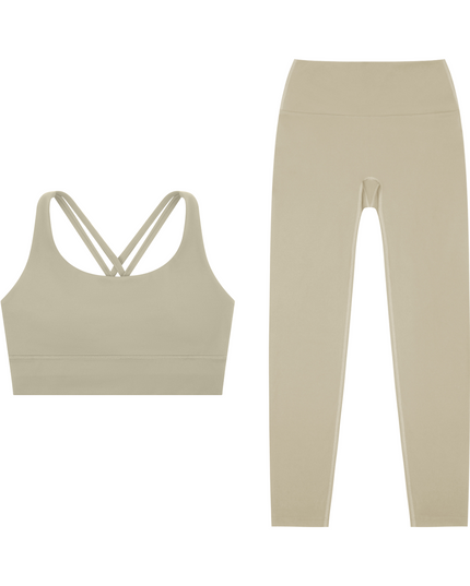 Golden Hour Set in taupe — the Golden Hour Bra and Golden Hour Leggings together, by Tuvi