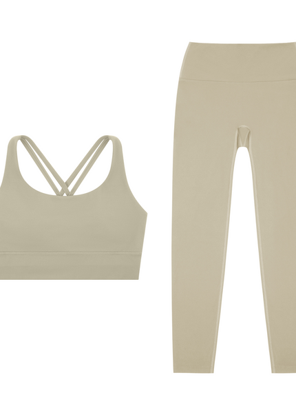 Golden Hour Set in taupe — the Golden Hour Bra and Golden Hour Leggings together, by Tuvi