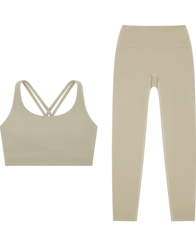 Golden Hour Set in taupe — the Golden Hour Bra and Golden Hour Leggings together, by Tuvi