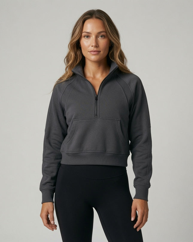 Cropped Half-Zip Sweatshirt - Gray