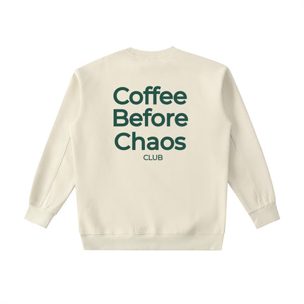 Tuvi Coffee Before Chaos crewneck sweatshirt in cream with dark green back graphic print.