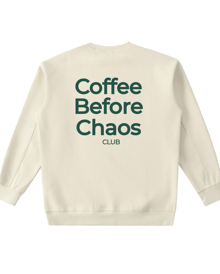 Tuvi Coffee Before Chaos crewneck sweatshirt in cream with dark green back graphic print.