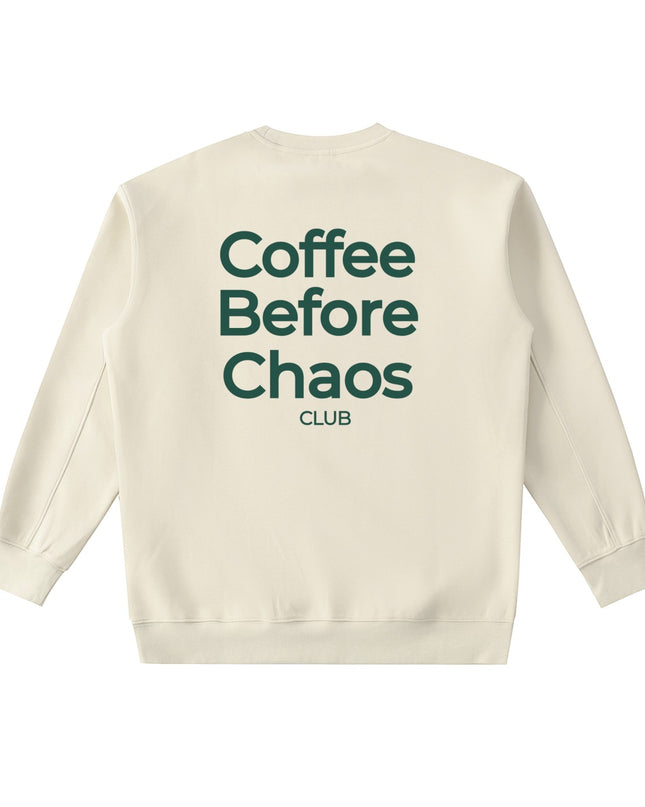 Tuvi Coffee Before Chaos crewneck sweatshirt in cream with dark green back graphic print.