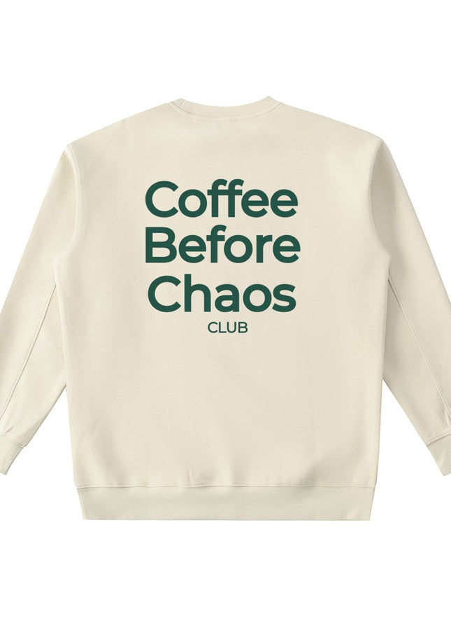 Tuvi Coffee Before Chaos crewneck sweatshirt in cream with dark green back graphic print.